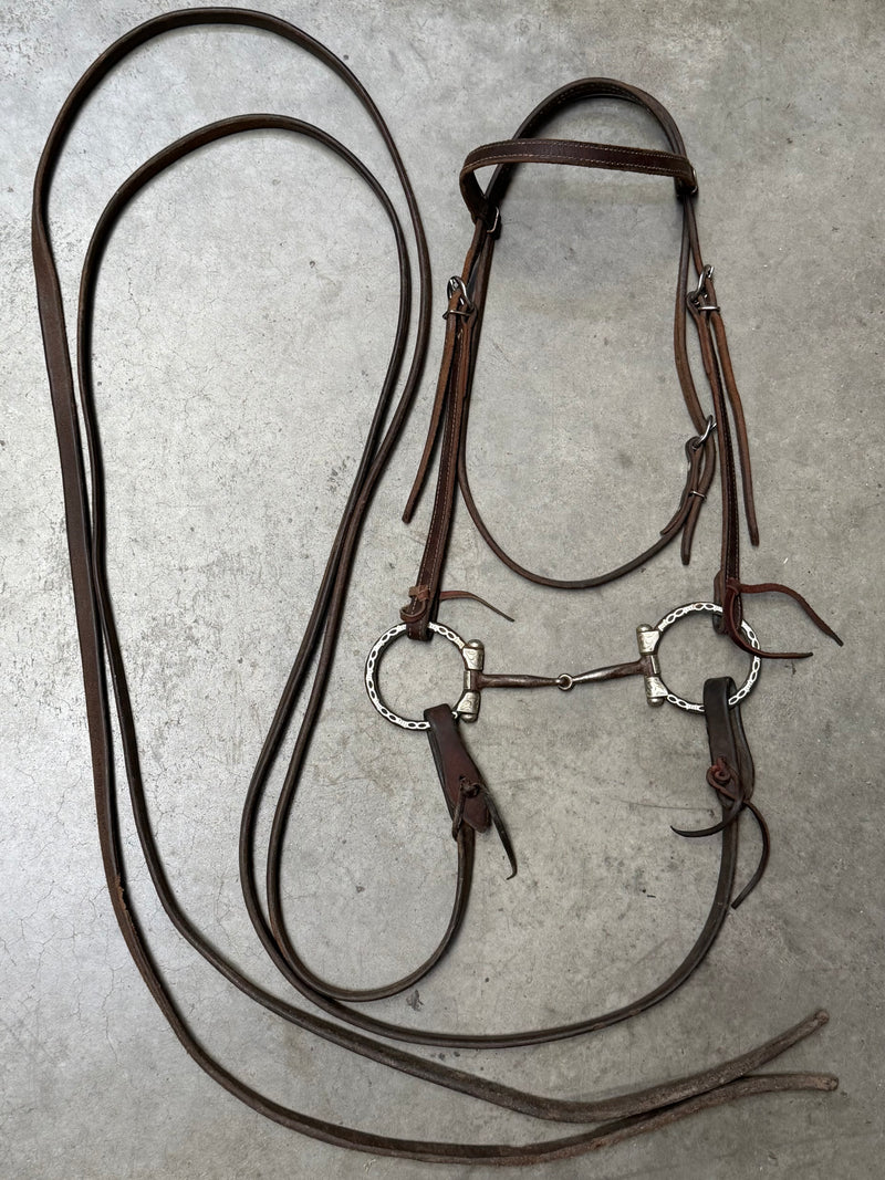 Load image into Gallery viewer, Used Bridle Set - Clinton Anderson Browband, Silver Overlay Dee Ring Smooth Snaffle Bit, Split Reins
