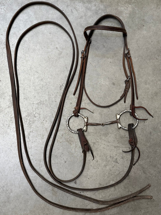 Used Bridle Set - Clinton Anderson Browband, Silver Overlay Dee Ring Smooth Snaffle Bit, Split Reins