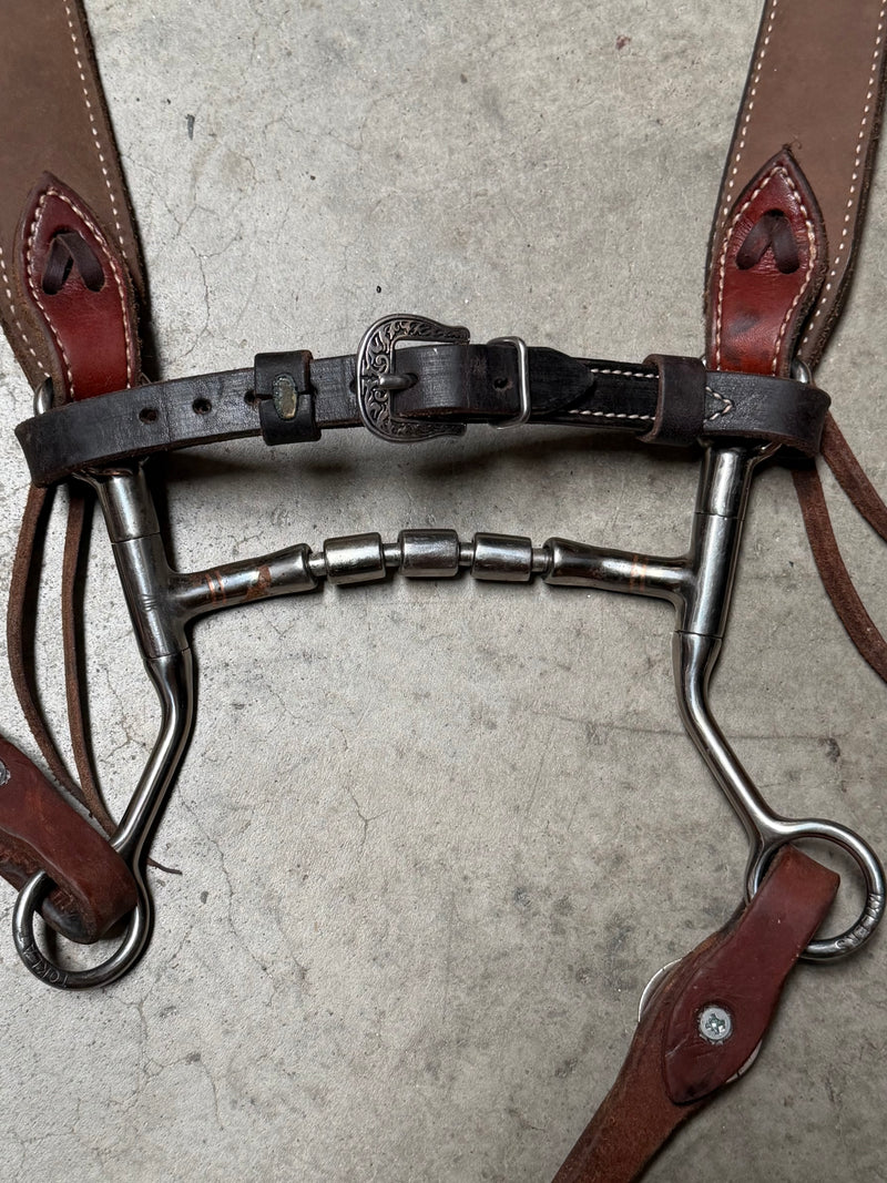 Load image into Gallery viewer, Used Bridle Set - Platte Valley Saddlery Floral Tooled Browband, TOKLAT Mylers Mullen Triple Barrel Bit, Buckaroo Reins
