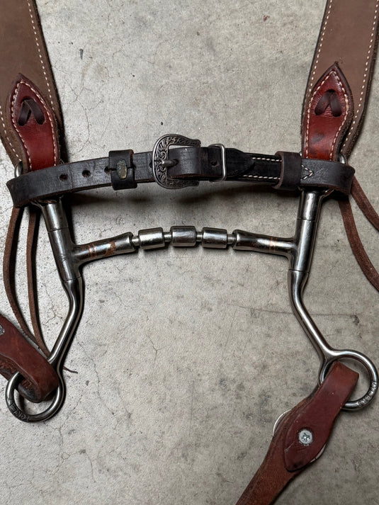 Used Bridle Set - Platte Valley Saddlery Floral Tooled Browband, TOKLAT Mylers Mullen Triple Barrel Bit, Buckaroo Reins