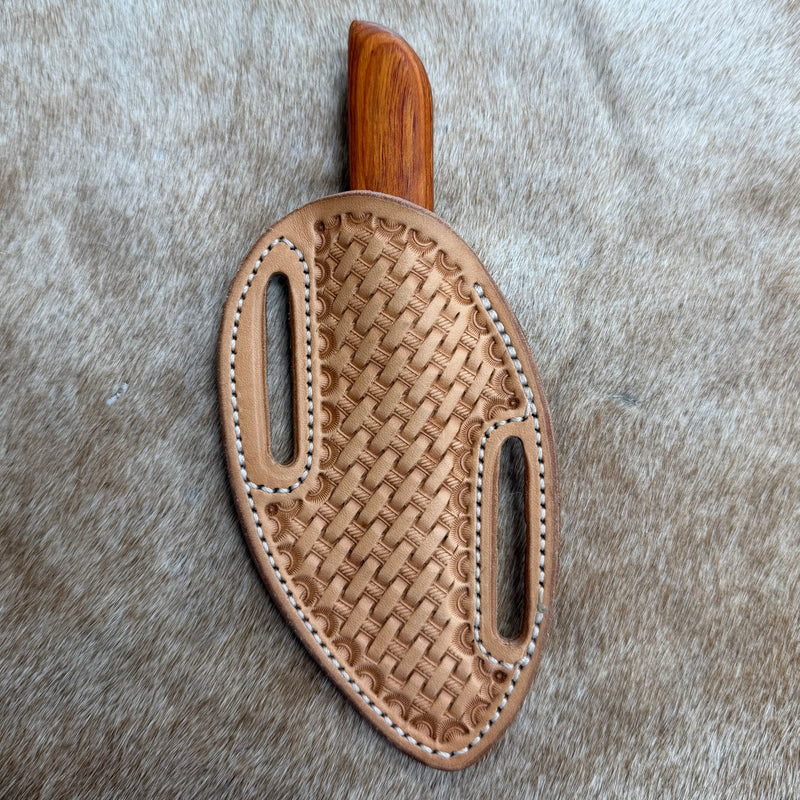 Load image into Gallery viewer, Sacred Heart Orange Wood Handle Knife &amp; Basketweave Sheath - Left Draw
