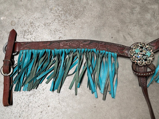 Used Cactus Saddlery Tooled Breast Collar with Fringe - Turquoise