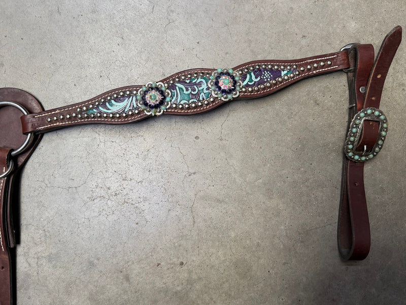 Load image into Gallery viewer, Used Painted Embossed w/ Dots &amp; Conchos Breast Collar - 1" - Purple/Turquoise
