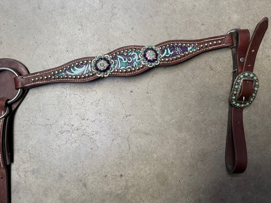 Used Painted Embossed w/ Dots & Conchos Breast Collar - 1" - Purple/Turquoise