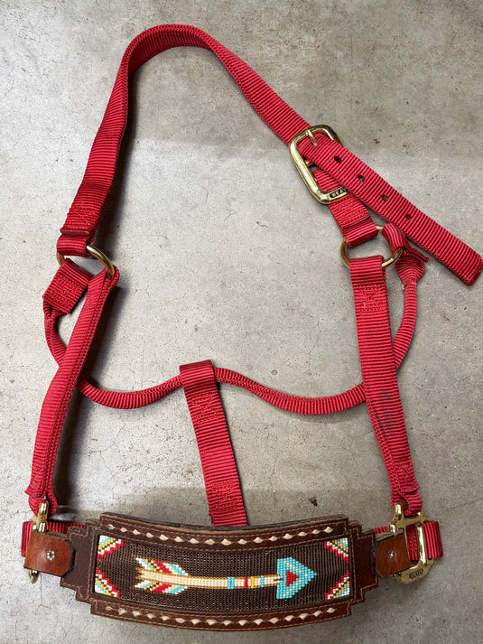 Used Nylon Halter w/ Beaded Inlay Leather Nose - Red - Avg