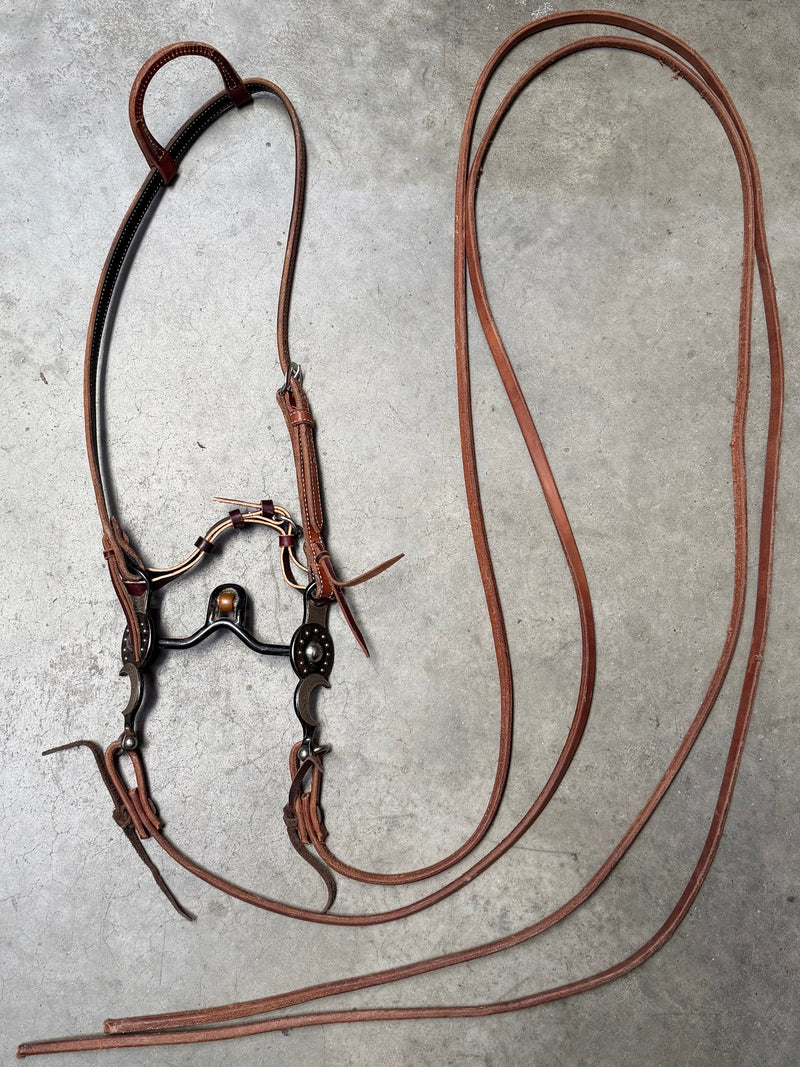 Load image into Gallery viewer, Used One Ear Headstall, Balding Short Santa Barbara Verona w/ Roller Bit, Split Reins
