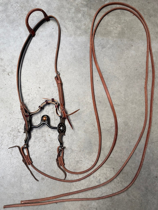 Used One Ear Headstall, Balding Short Santa Barbara Verona w/ Roller Bit, Split Reins