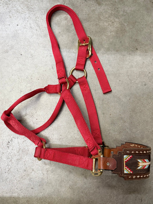 Used Nylon Halter w/ Beaded Inlay Leather Nose - Red - Avg