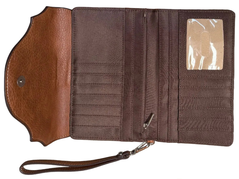 Load image into Gallery viewer, Justin Tan w/ Floral Emboss &amp; Turquoise Stone Concho Slim Wallet
