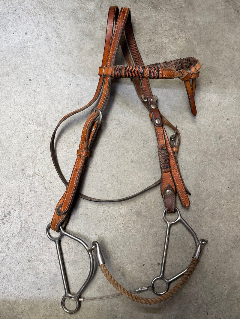 Load image into Gallery viewer, Used Rawhide Braided Futurity Browband Headstall &amp; Reinsman Beetle Hackamore
