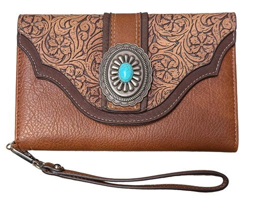 Justin Tan w/ Floral Emboss & Turquoise Stone Concho Slim Wallet