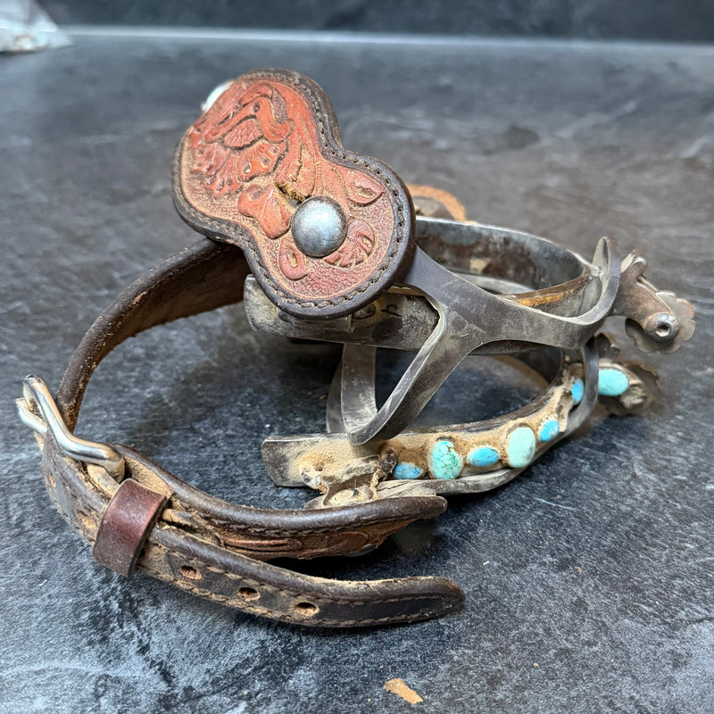 Load image into Gallery viewer, Used Turquoise Stone Spurs &amp; Spur Straps w/ Spur Tiedowns
