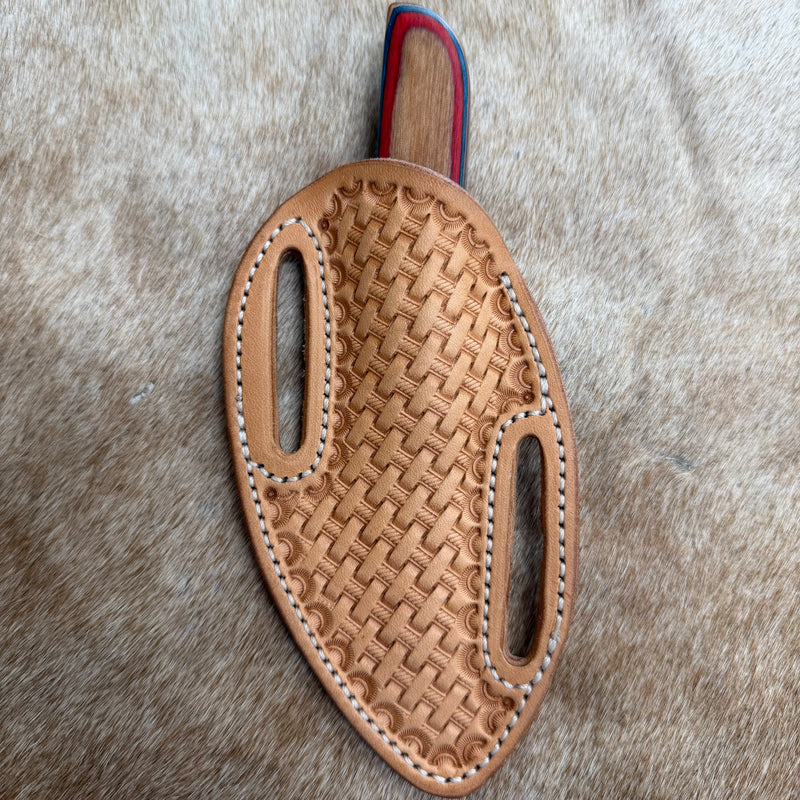 Load image into Gallery viewer, Sacred Heart Red/Blue/Wood Handle Knife &amp; Basketweave Sheath - Left Draw
