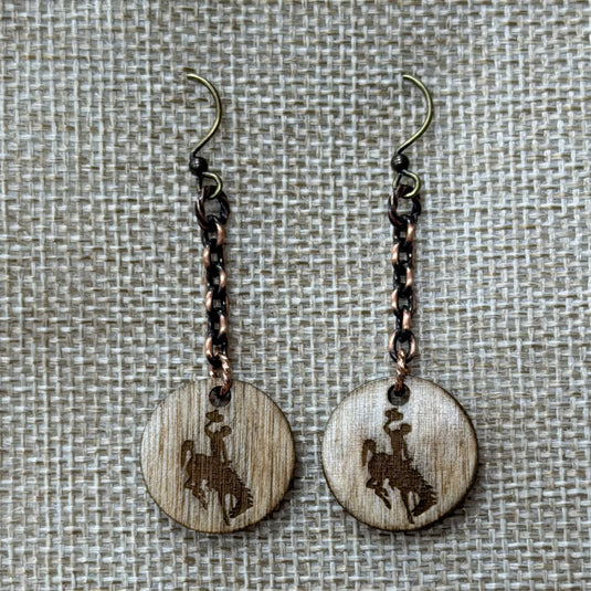 Rocky Mountain Jewelry Chain Link & Bronc Engraved Wood Earrings