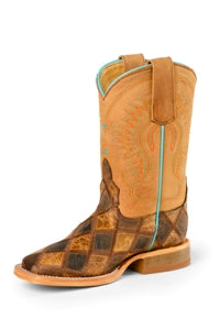 Horse Power Kid's Crazy Train Patchwork DB Toe Boot - Honey Crazy Horse