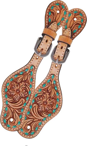Rafter T Floral Tooling & Turquoise Buckstitch Spur Strap - Kids