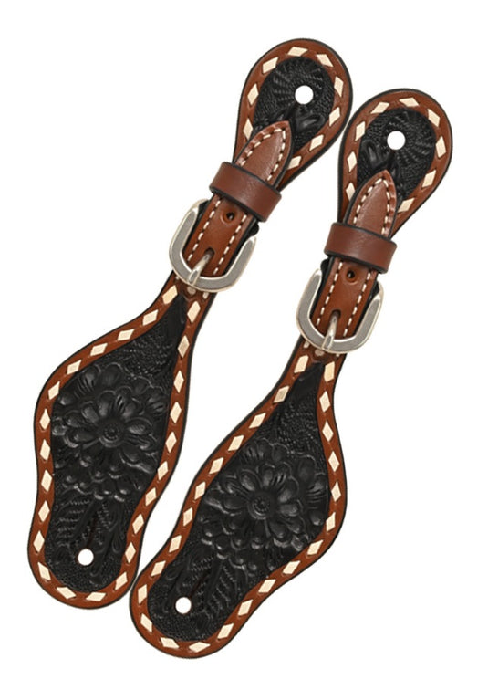 Rafter T Floral Tooled Black Wash & Buckstitch Spur Straps - Kids