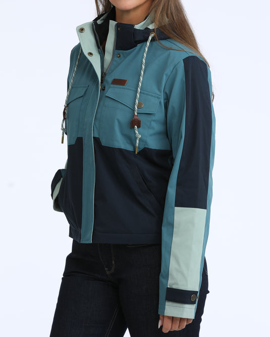 Cinch Womens Color Blocked Cropped Chore Jacket - Teal