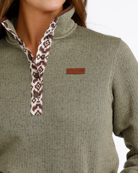 Cinch Womens 1/4 Button Sweater Knit Fleece Pullover - Olive