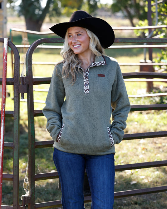 Cinch Womens 1/4 Button Sweater Knit Fleece Pullover - Olive