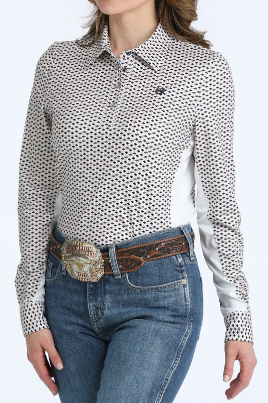 Cinch Womens Hybrid ARENAFLEX Long Sleeve Diamond Print Shirt - White