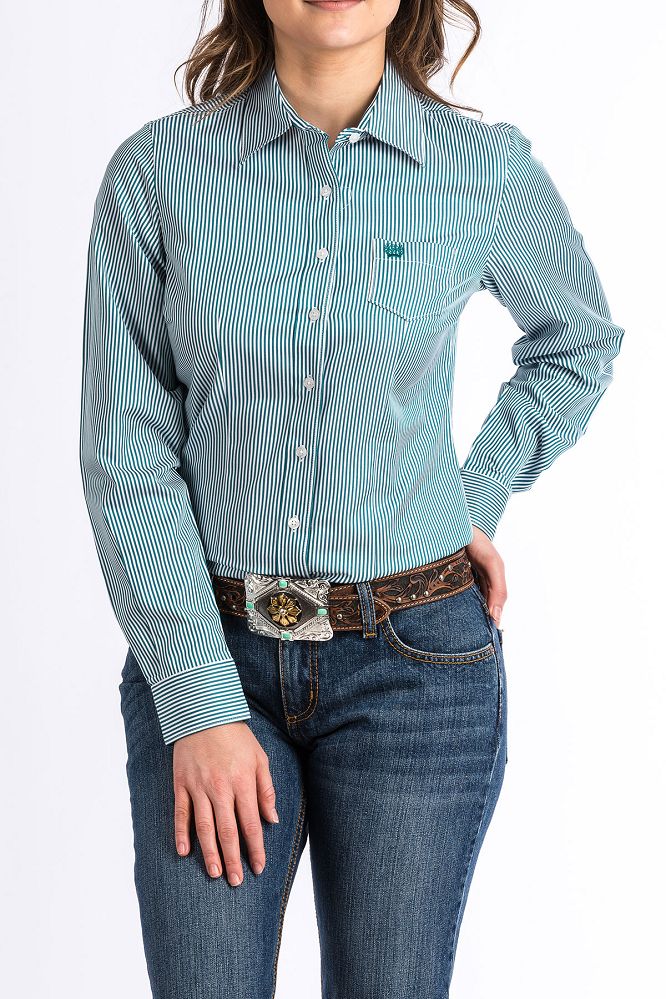 Load image into Gallery viewer, Cinch Womens TENCEL Long Sleeve Stripe Shirt - Teal
