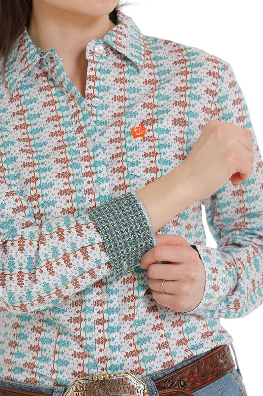 Cinch Womens Long Sleeve Print Shirt - White