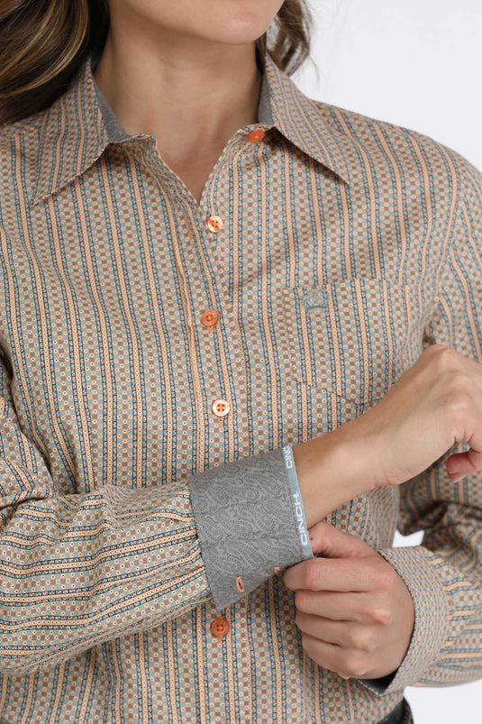 Cinch Womens Long Sleeve Geometric Print Shirt - Orange