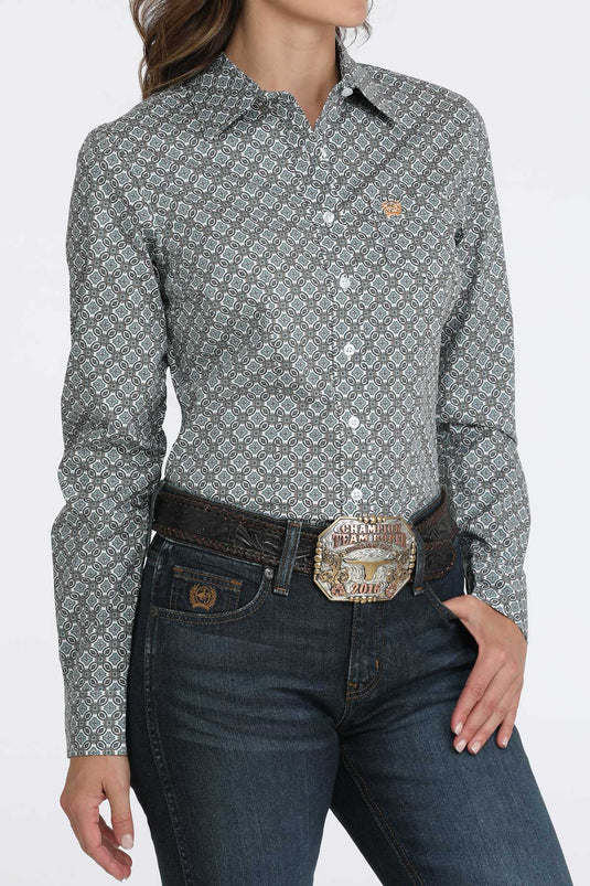 Cinch Womens Long Sleeve Geometric Print Shirt - White