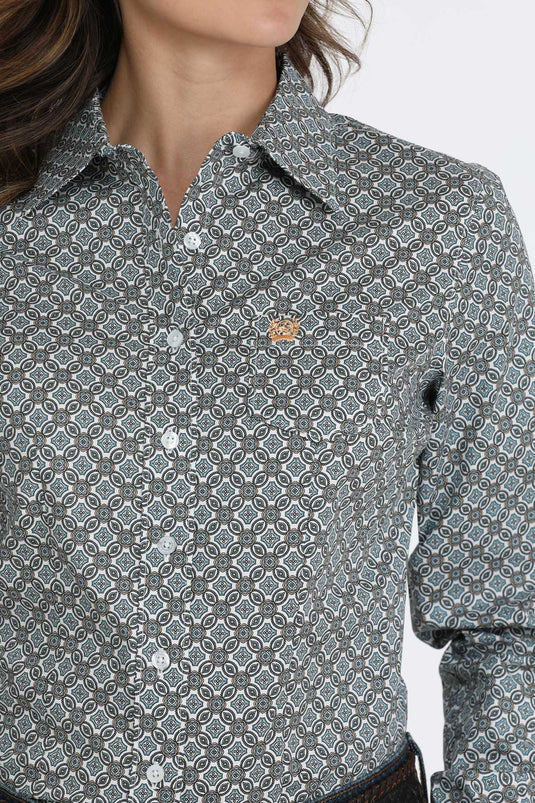 Cinch Womens Long Sleeve Geometric Print Shirt - White