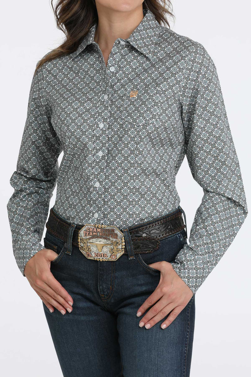 Load image into Gallery viewer, Cinch Womens Long Sleeve Geometric Print Shirt - White
