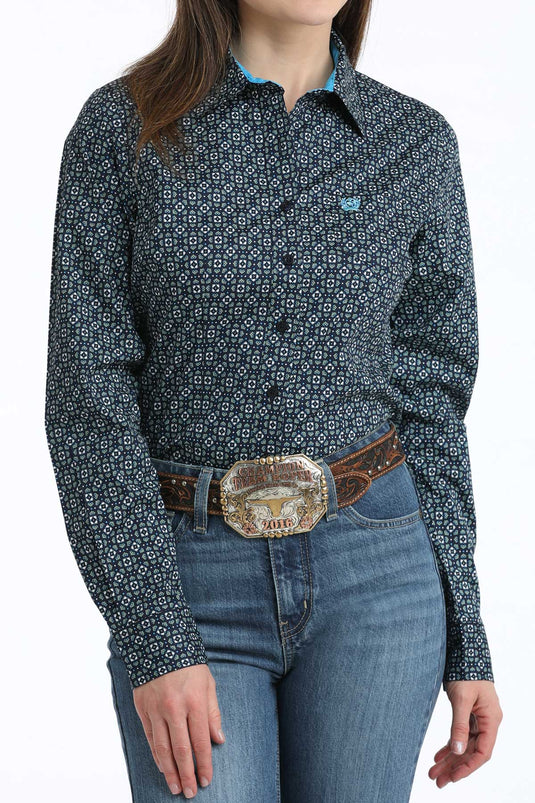 Cinch Women's Long Sleeve Medallion Print Shirt - Navy