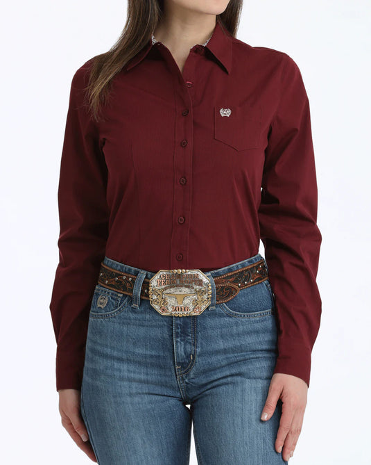 Cinch Womens Long Sleeve Stretch Micro Stripe Shirt - Burgundy