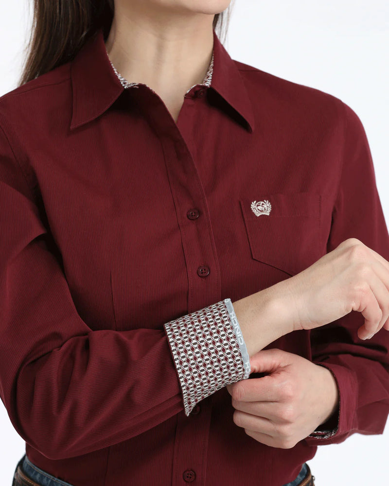 Load image into Gallery viewer, Cinch Womens Long Sleeve Stretch Micro Stripe Shirt - Burgundy
