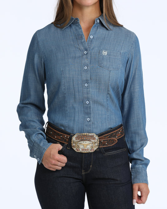 Cinch Womens TENCEL Long Sleeve Stripe Shirt - Indigo
