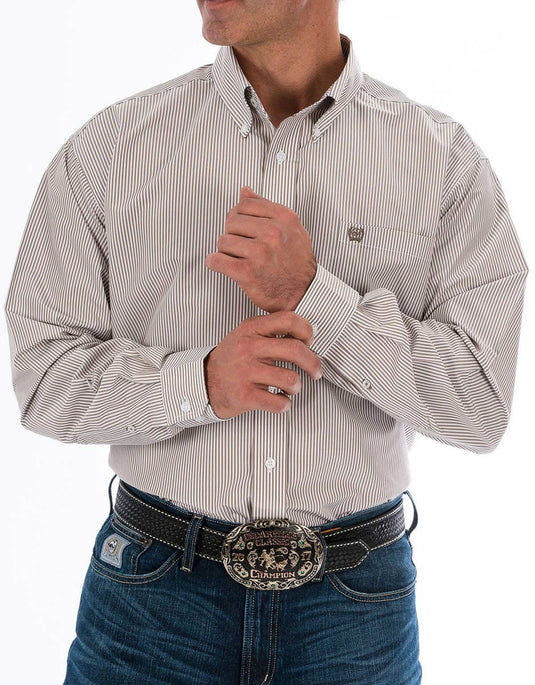 Cinch Mens TENCEL Long Sleeve Stripe Shirt - Khaki