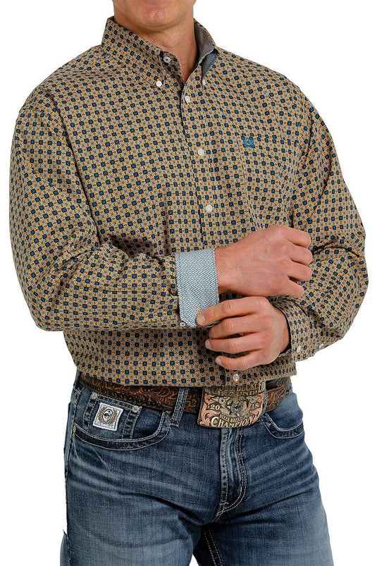 Cinch Mens Long Sleeve Geometric Print Shirt - Gold