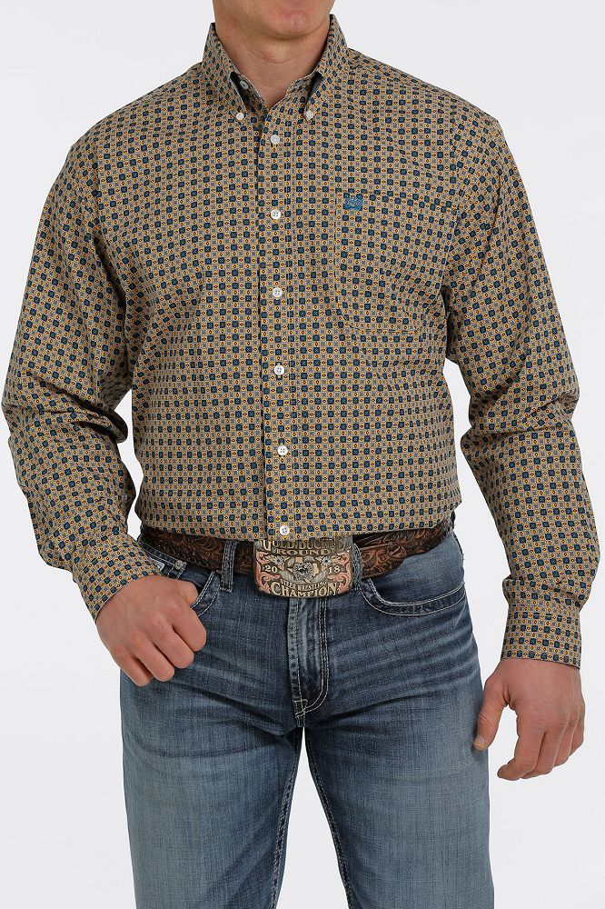 Load image into Gallery viewer, Cinch Mens Long Sleeve Geometric Print Shirt - Gold
