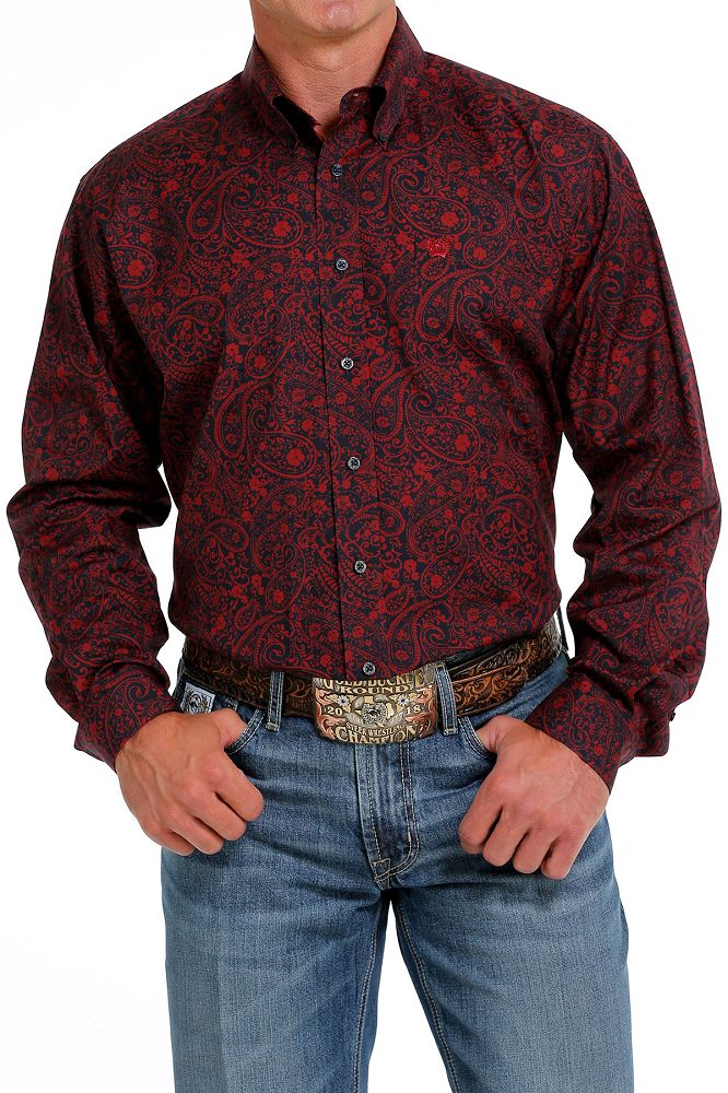 Load image into Gallery viewer, Cinch Mens Long Sleeve Paisley Print Shirt - Navy/Red
