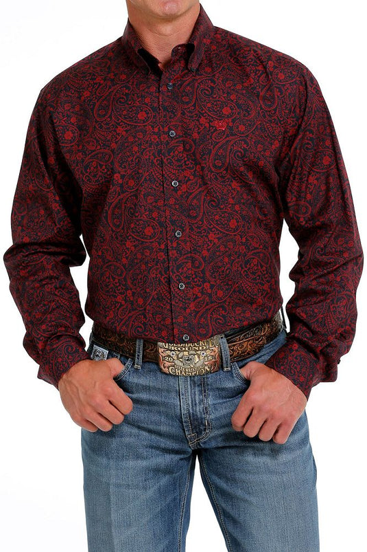 Cinch Mens Long Sleeve Paisley Print Shirt - Navy/Red