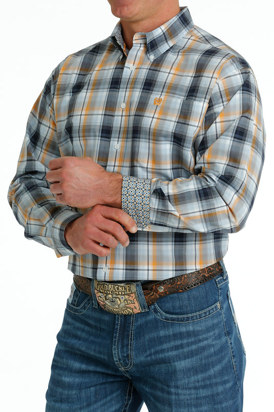 Cinch Mens Long Sleeve Plaid Shirt - Light Blue/Navy/Orange
