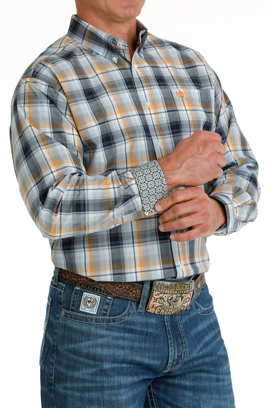 Cinch Mens Long Sleeve Plaid Shirt - Light Blue/Navy/Orange