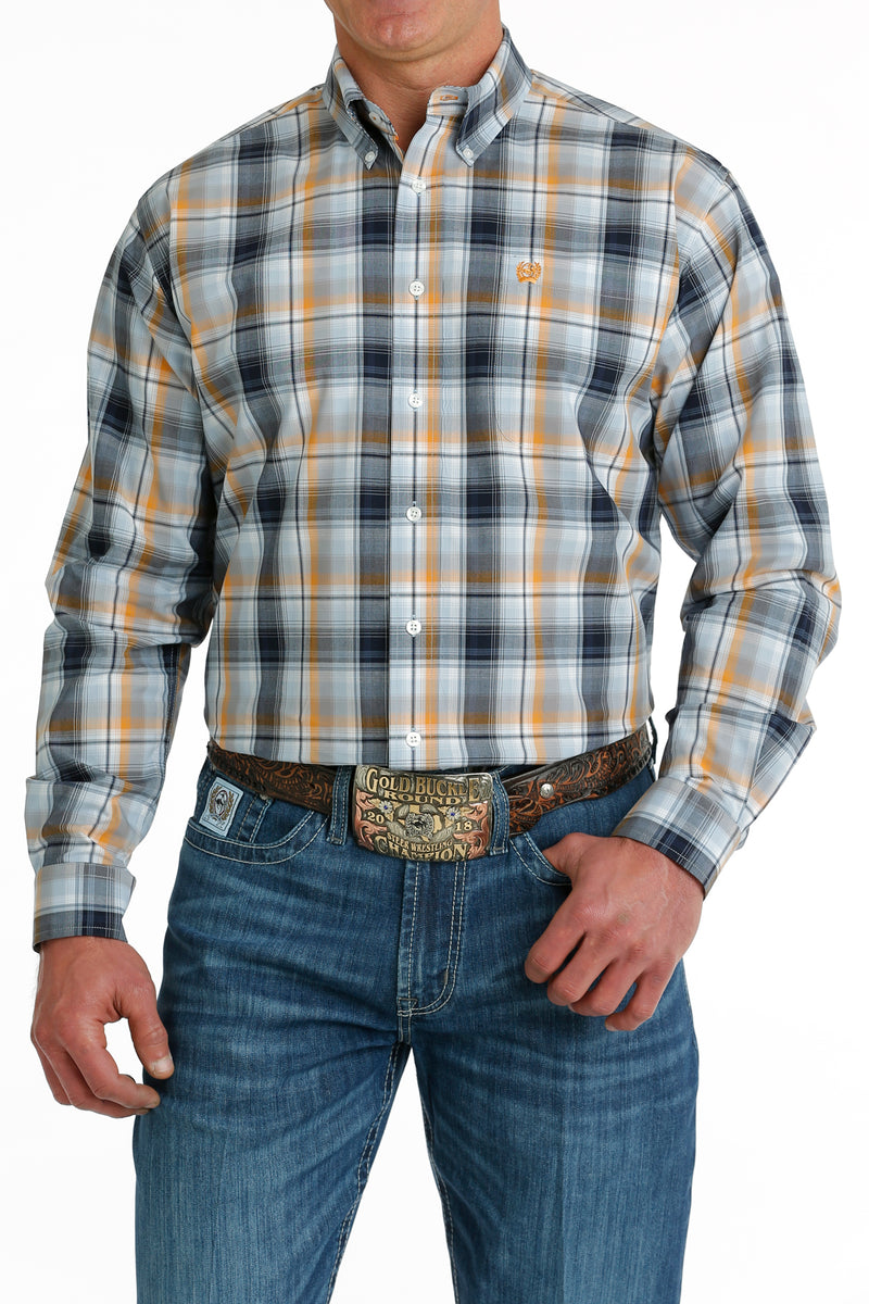 Load image into Gallery viewer, Cinch Mens Long Sleeve Plaid Shirt - Light Blue/Navy/Orange
