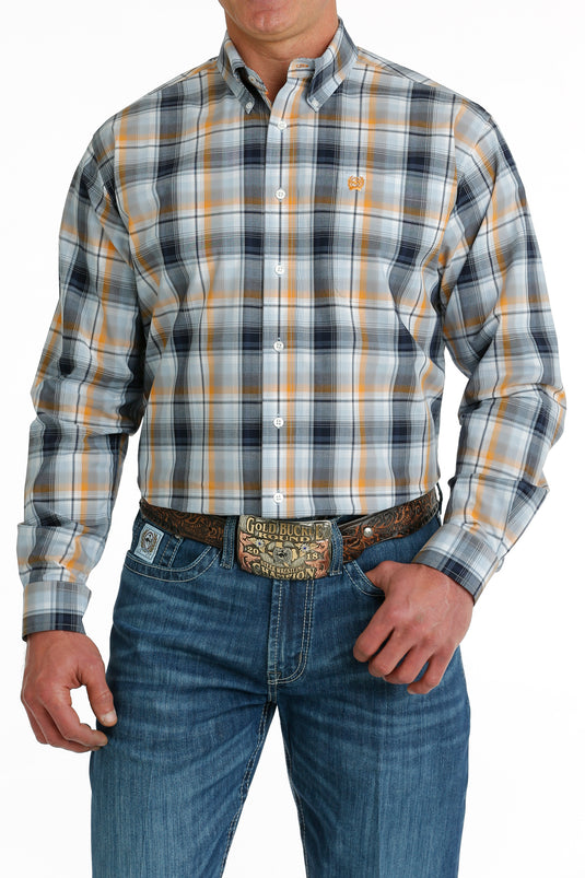 Cinch Mens Long Sleeve Plaid Shirt - Light Blue/Navy/Orange