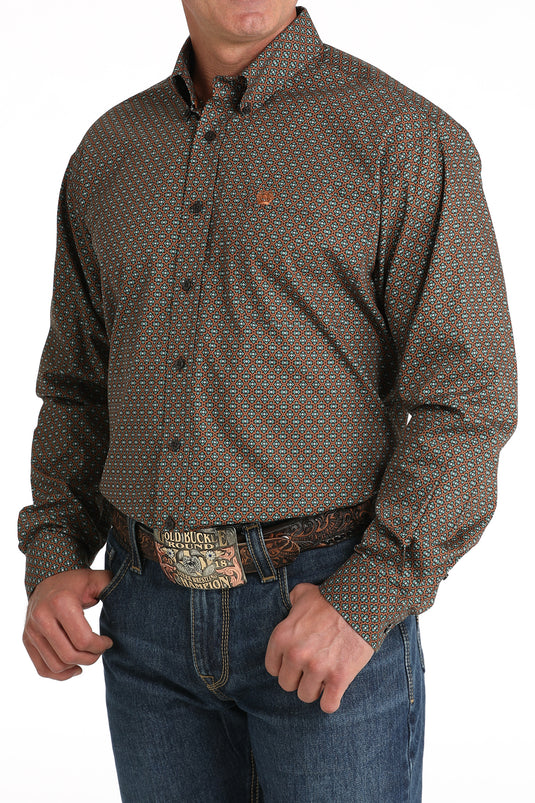Cinch Mens Long Sleeve Geometric Print Shirt - Brown