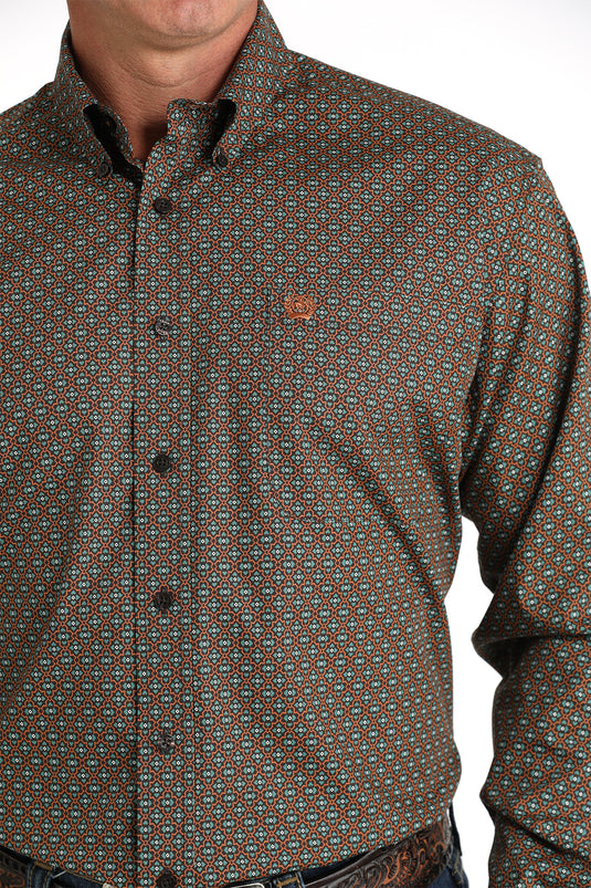 Cinch Mens Long Sleeve Geometric Print Shirt - Brown