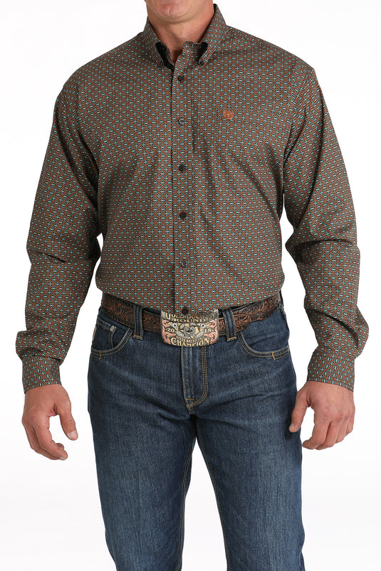 Cinch Mens Long Sleeve Geometric Print Shirt - Brown