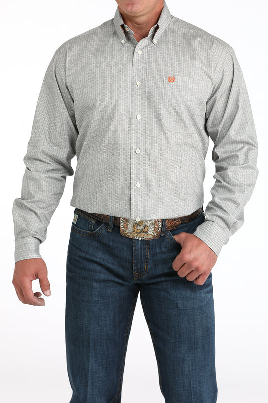 Cinch Mens Long Sleeve Geometric Print Shirt - Cream