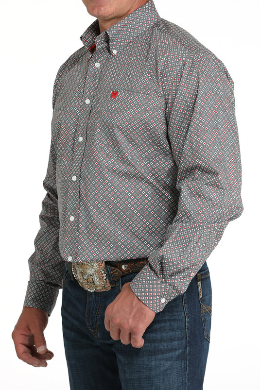 Cinch Mens Stretch Long Sleeve Geometric Print Shirt - Gray