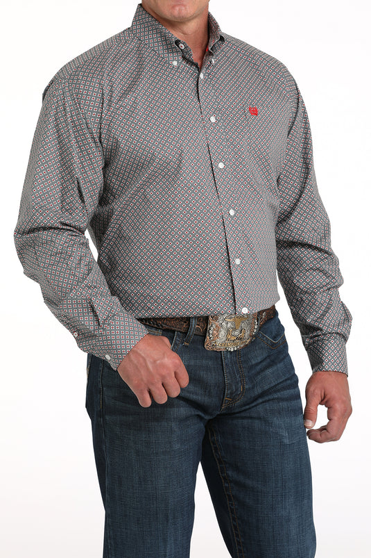 Cinch Mens Stretch Long Sleeve Geometric Print Shirt - Gray